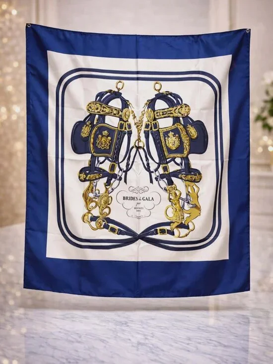 Authentic Hermès Brides de Gala Silk Scarf Blue Gold Equestrian Print Square 90