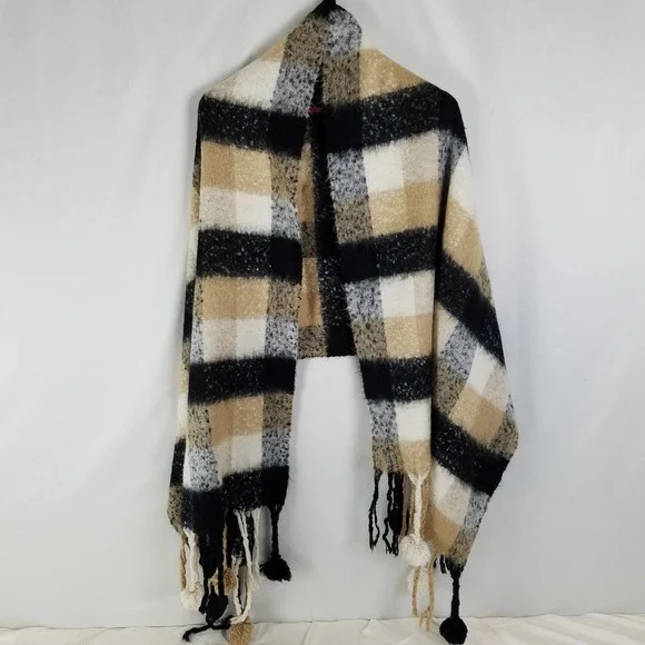Plaid‎ Fringe Tassel Scarf Wrap Shawl Acrylic Beige Black White BCBGMAXAZRIA