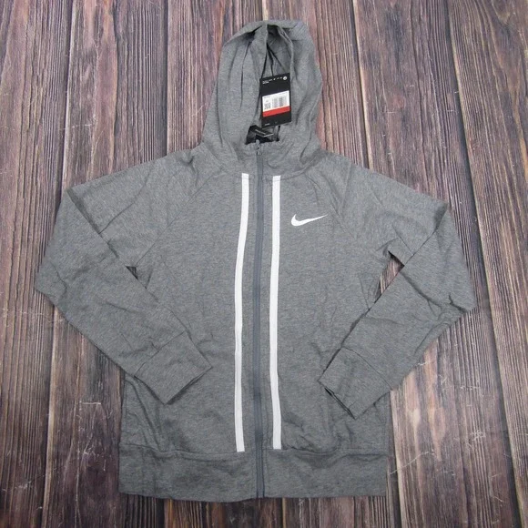 Nike Hoodie Girls Large Gray Full Zip Swoosh 100% Cotton Lightweight AQ9051-091