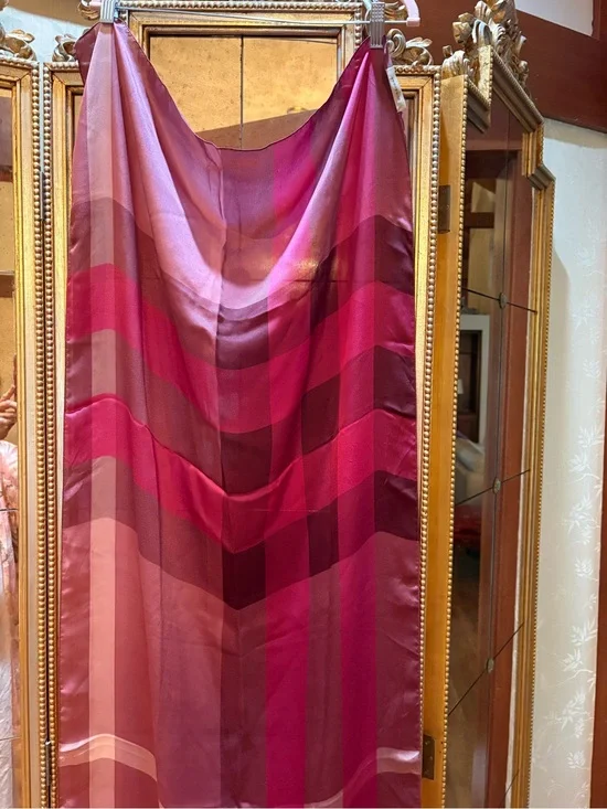 Burberry Plaid Silk Long Oblong Scarf - Wrap in Rich Berry Tones