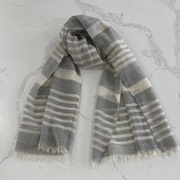 J. Crew Gray & White Striped Lightweight Woven Long Fringe Scarf