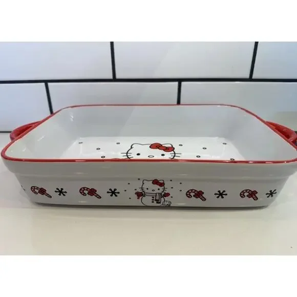 NEW Hello Kitty Christmas Snowman Ceramic Dish Baking 12”x9” Candy Canes Hearts