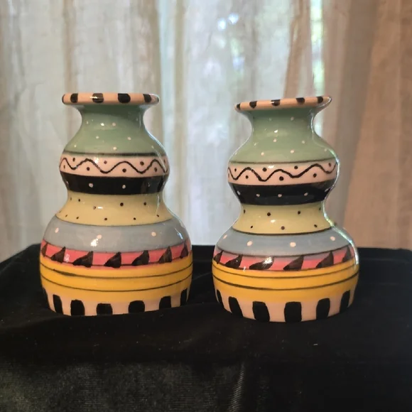 KMM Art Pottery Colorful Taper‎ Candlestick Holders Signed Whimsical