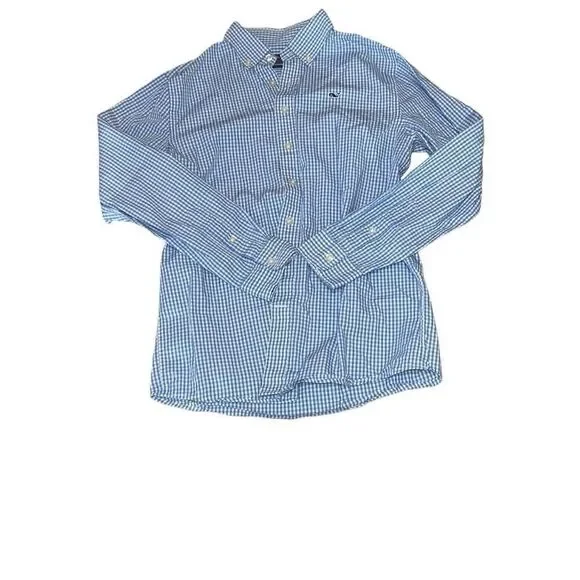 Vineyard Vines Boys Whale Shirt Long Sleeve Blue Gingham Button Up size Large 16
