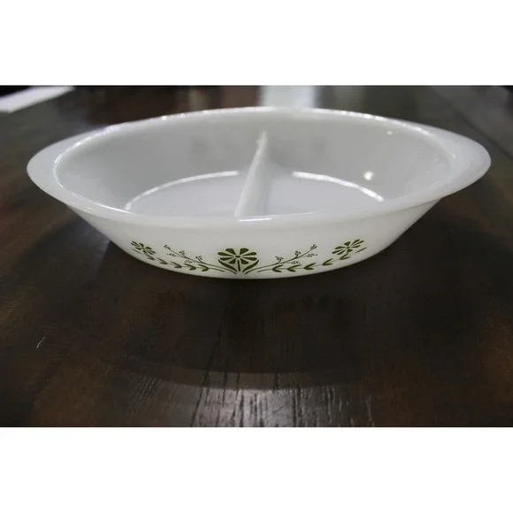 Glasbake J2352 MilkGlass Divided Serving Dish Green Floral Oval Bakeware Vintage