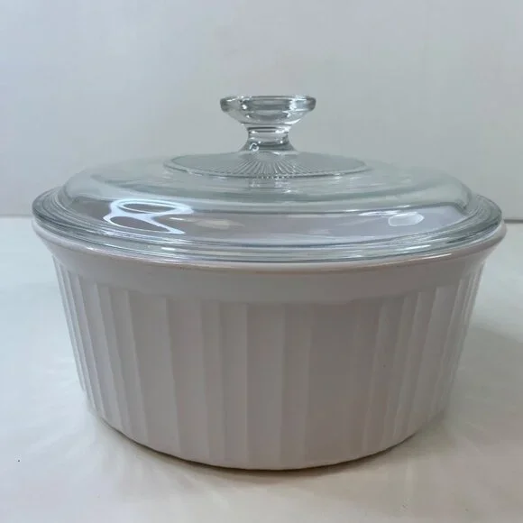 Corning Ware French White 2.5 L Round Casserole Dish Glass Lid Vintage