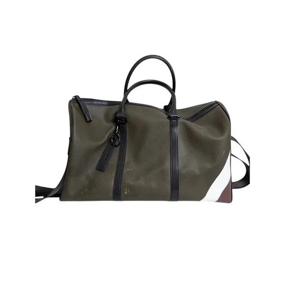 Maverick and C Olive Green Canvas Nylon‎ Strip Duffle Bag Weekend Travel Pockets
