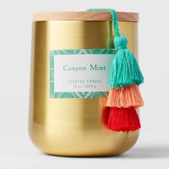 OPALHOUSE NEW 13 Oz global lidded metal/wood tassel-canyon mint-55 hr burn time