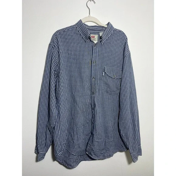 Levis Mens Blue White Gingham Check Button Down Shirt Large Long Sleeve Cotton