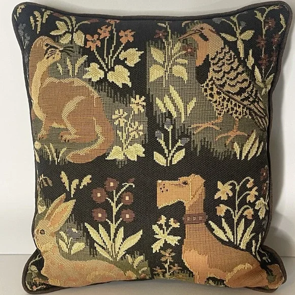 Woodland Animals Tapestry Throw Pillow Dog Rabbit Bird Otter Rustic Decor