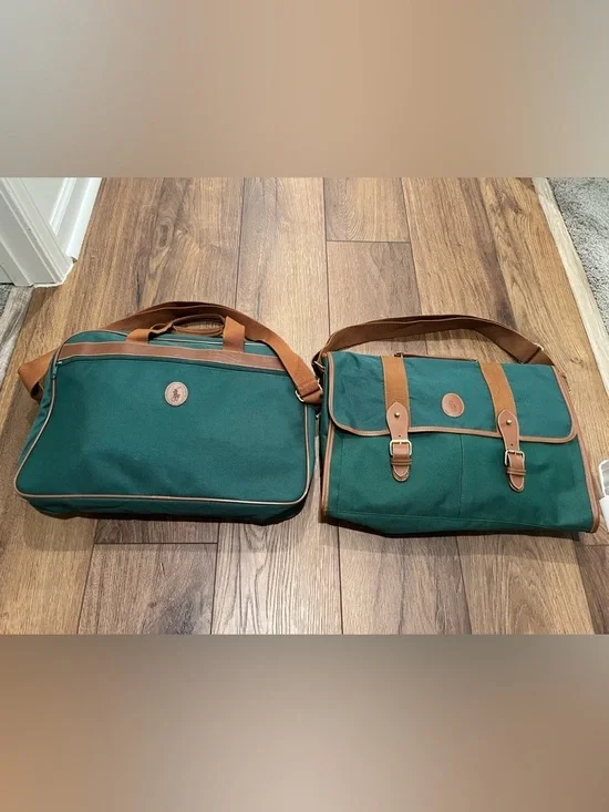 VTG Polo Ralph Lauren 2pc Travel Bag Set Green Canvas Duffle Messenger Pony Logo