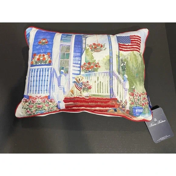 Brooks Brothers Painted Porch Dogs Americana Lumbar Pillow Flag 14x20 NWT Luxury