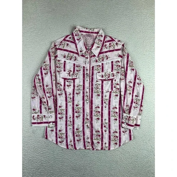 Overdrive Shirt Girls Medium Pink Floral Western Snap Pearl Long Sleeve