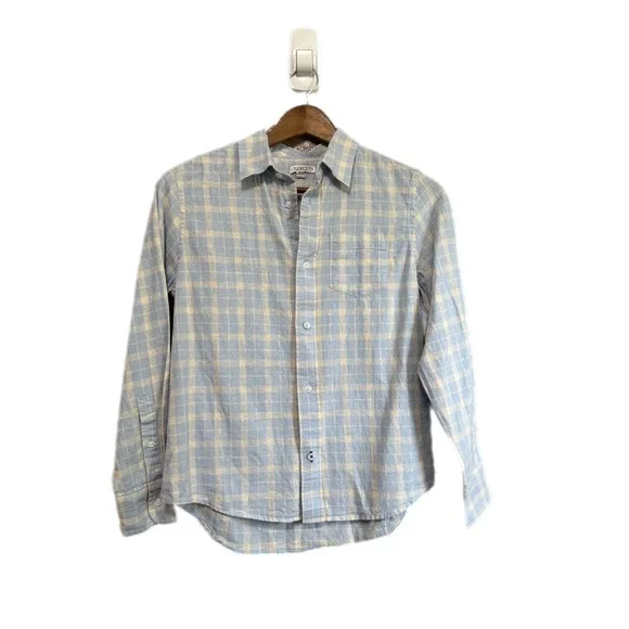 Crewcuts Button Down Shirt Kids Size 12 Blue Plaid Excellent Linen Cotton Blend