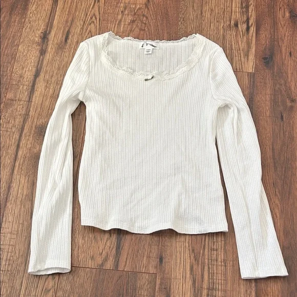 Target art class Girls White Ribbed Long Sleeve Top with Lace Trim