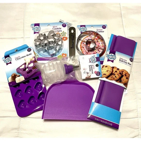 Baked With Love Cookie-Donut Cutter, Purple Candy Mold, Mat-Scoop-Decor Bottle‎