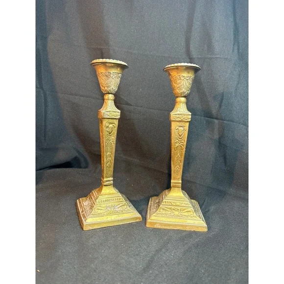 Vintage TIC Italian Brass Candlestick‎ Holders Ornate Neoclassical Pair 9 Inch