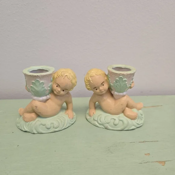 Cherub Candlestick Holders Pair Vintage