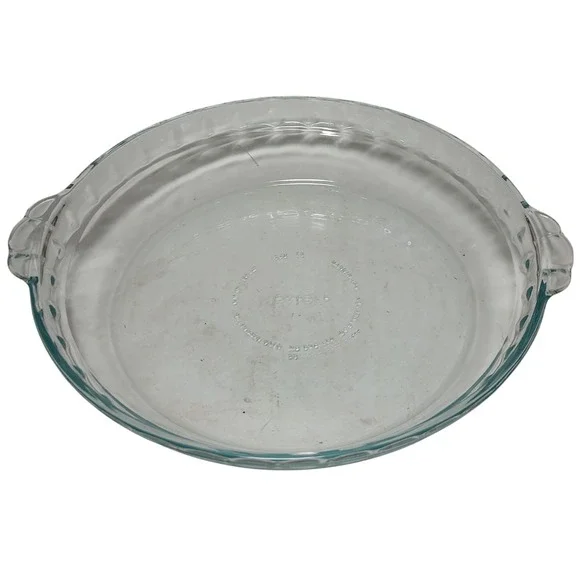 Vintage Pyrex Clear Glass Pie Plate Fluted with Tab Handles 229 Blue Tint 9.5 In