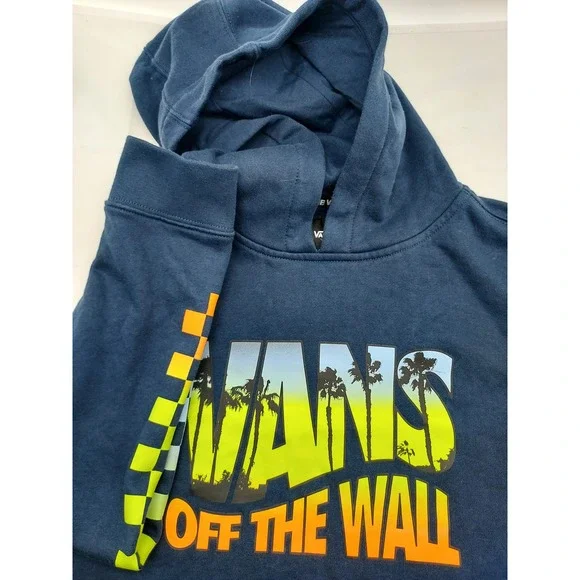 Vans Off The Wall‎ Hoodie Kids Large Blue Pullover Sweatshirt Palm Trees