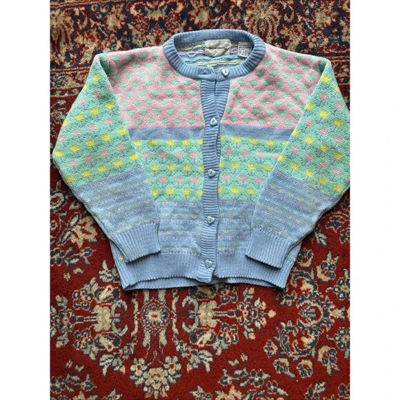 Vintage Two of Hearts Kids Sweater Large Crew Neck 90s Knit Cardigan L 6x