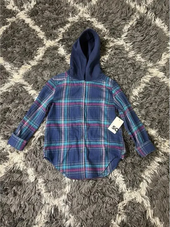SO Goods For Life Plaid Flannel Shirt Girls Size Small 7 Blue Hooded Button Up
