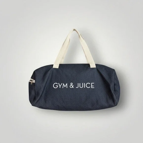 Gym & Juice Duffel Bag Large Blue Denim Graphic Travel Barrel Workout Yoga Funny