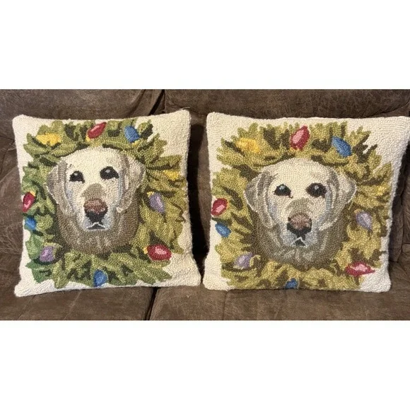 2 Golden Retriever Dog Wool Hand Hook Pillow Beige Velvet Back 16‎ X 16