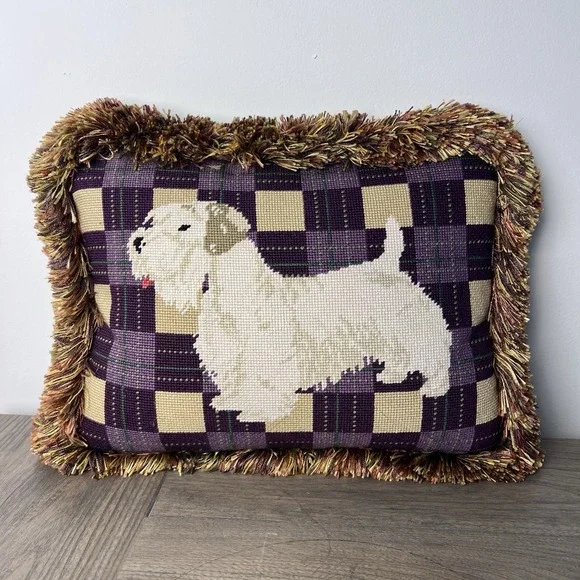 VTG Wool needlepoint Embroidery pillow West Highland White Terrier Dog 15x11