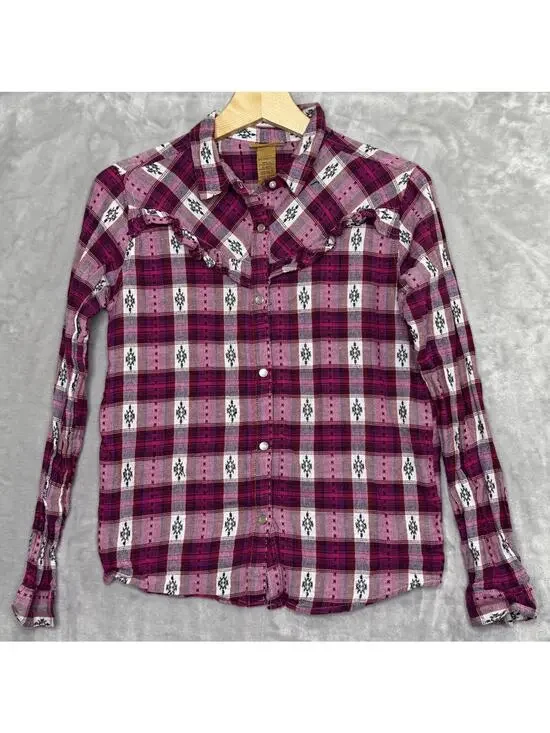 Wrangler Shirt Girls XXL Pink Plaid Western Pearl Snap Long Sleeve Ruffle Trim