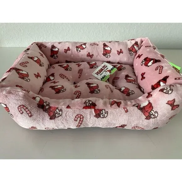 Peanuts Snoopy Small Dog Cat Pet Cozy Cuddler Bed Christmas Pink Candy Cane‎ NEW