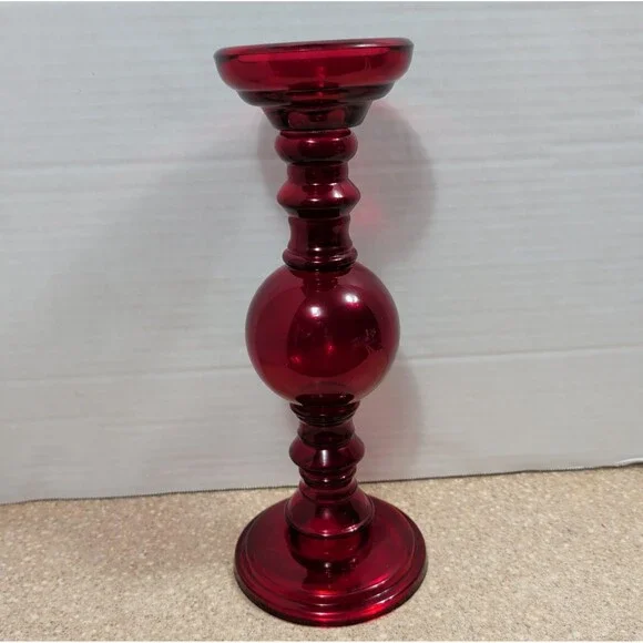​Ruby Red Glass Pillar Candle Holder 12