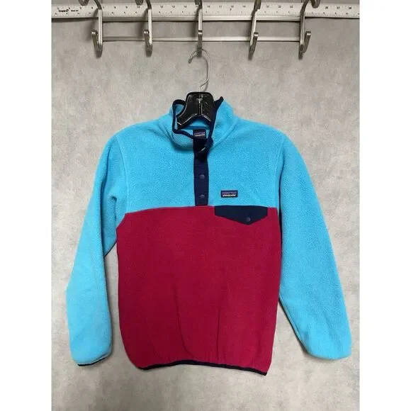 Patagonia‎ Sweater Girls M  12 Blue Pink Synchilla Fleece Pullover Youth Snaps T