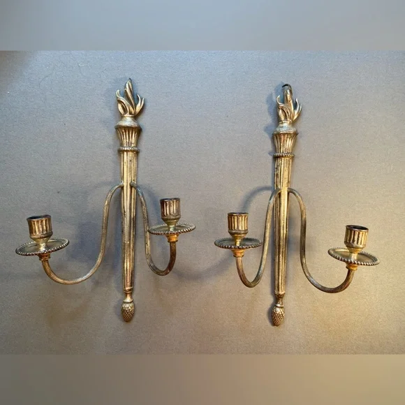 Pair Candle Wall Sconces, 2 arms,Silver tone, flame on top, pine‎ cone on bottom