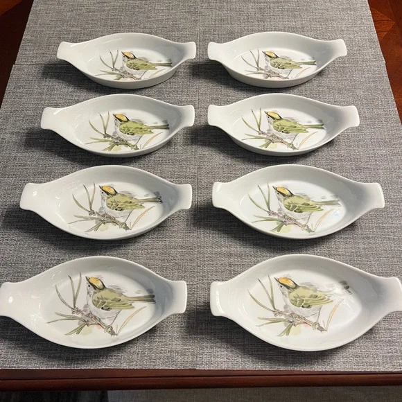 Enesco Song Bird set of 8 Au Gratin Serving Dishes, Vintage Excellent condition