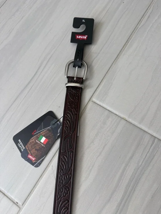 Levi's Dark Brown Tooled Leather Belt with Silver Buckle