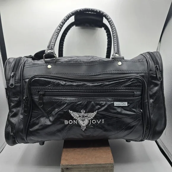 Bon Jovi Black Leather Duffel Bag Carry-On Travel Overnight Heart & Dagger Logo