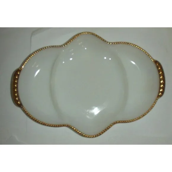 Fire King Oven Ware Divided White Milk Glass Gold Trim Dish vtg Anchor Hocking
