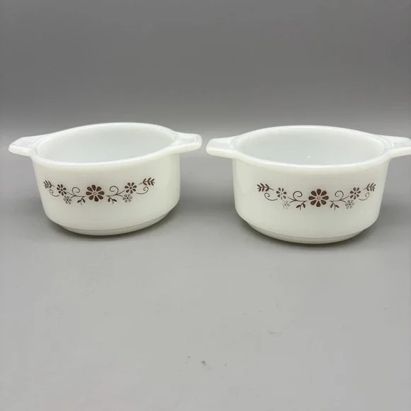 Vintage Pyr-O-Rey Dyna Ware 2 Small Milk Glass‎ Casserole Dishes Brown Floral