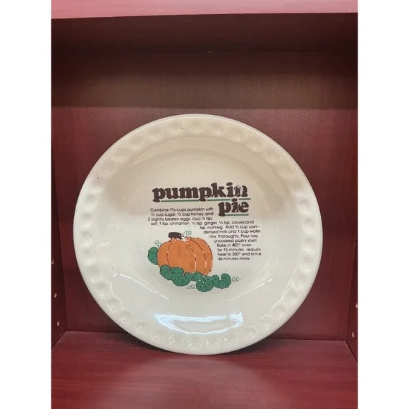 Vintage Pumpkin Pie Recipe Ceramic Dish Scalloped Edge 10.5 Inch Thanksgiving