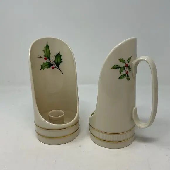 Lenox Holiday Dimension Set Of 2 Handled Candleholder Christmas Holly Berries