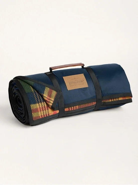 Pendleton Navy Duffel-Style Roll-Up Picnic Blanket Carrier with Plaid Trim