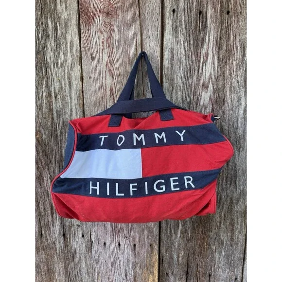 VTG Tommy Hilfiger Red Flag Logo Duffel Bag‎ Spell Out Y2k Okd Money Prep