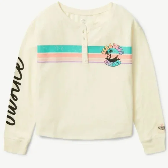 Justice STRANGER THINGS Long Sleeve Creme Henley Shirt GIRLS SIZE XS 5-6 NEW