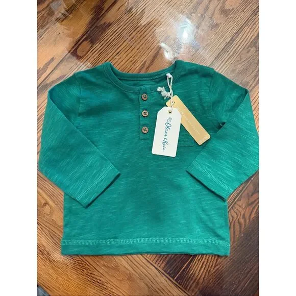Oliver & Rain Green Squirrels Cotton Graphic Henley T-Shirt Size 3-6 Months NWT