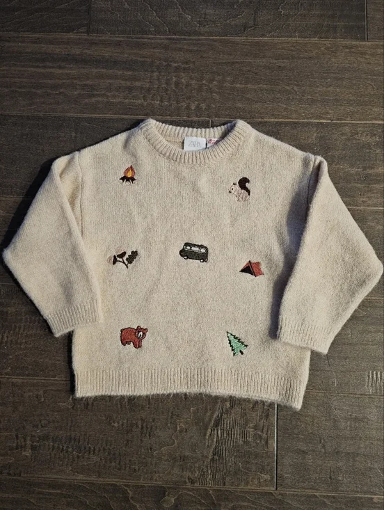 Zara Baby/Toddler Sweater with Camping Embroidered Cute Pictures Sz 12-18 Mo