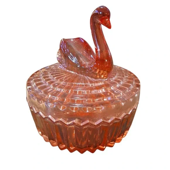 Vintage Jeanette Amberina Glass Powder Dish w/Swan Lipstick Holder Lid