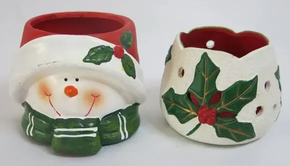 CHRISTMAS 2 Holiday Candle Holders Snowman Holly Berry Votive Winter Candles