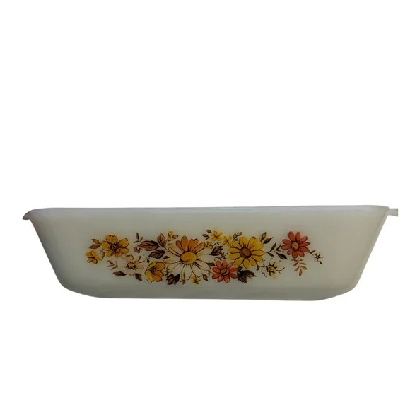 Anchor Hocking Loaf Pan Fire-King Meadow Green Floral White 1.5 QT‎