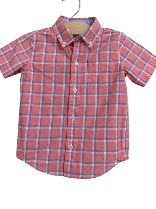 Janie‎ and Jack Button Down Shirt Boys 3T Coral Pink Blue Plaid Short Sleeve